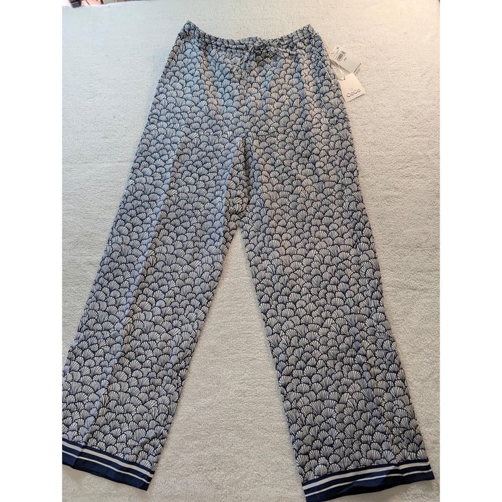 CeCe Womens Wide Leg Pants Navy White Shell Fan Print Elastic Waist XS NWT